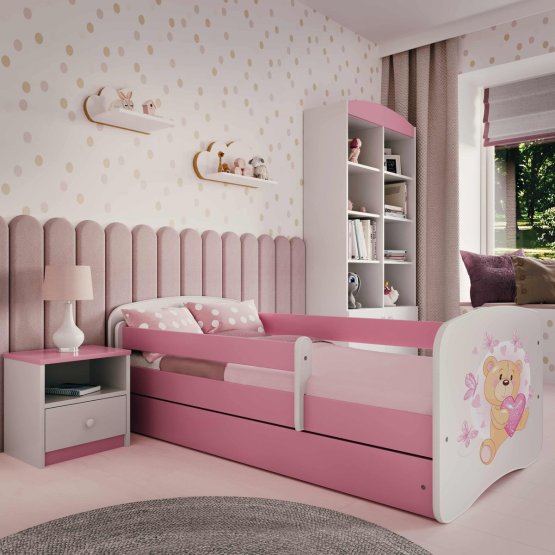 Dětská postel se zábranou Ourbaby - Medvídek - růžová