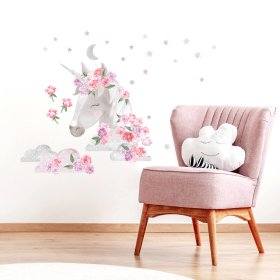 Samolepka na zeď Jednorožec s květy - růžová
